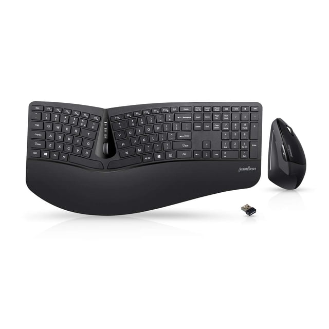 Perixx Periduo-605, Clavier Ergonomique Sans Fil et Combo Souris Verticale, Repose-Poignets Réglable et Touches à Membrane Profil Bas, Noir, US English