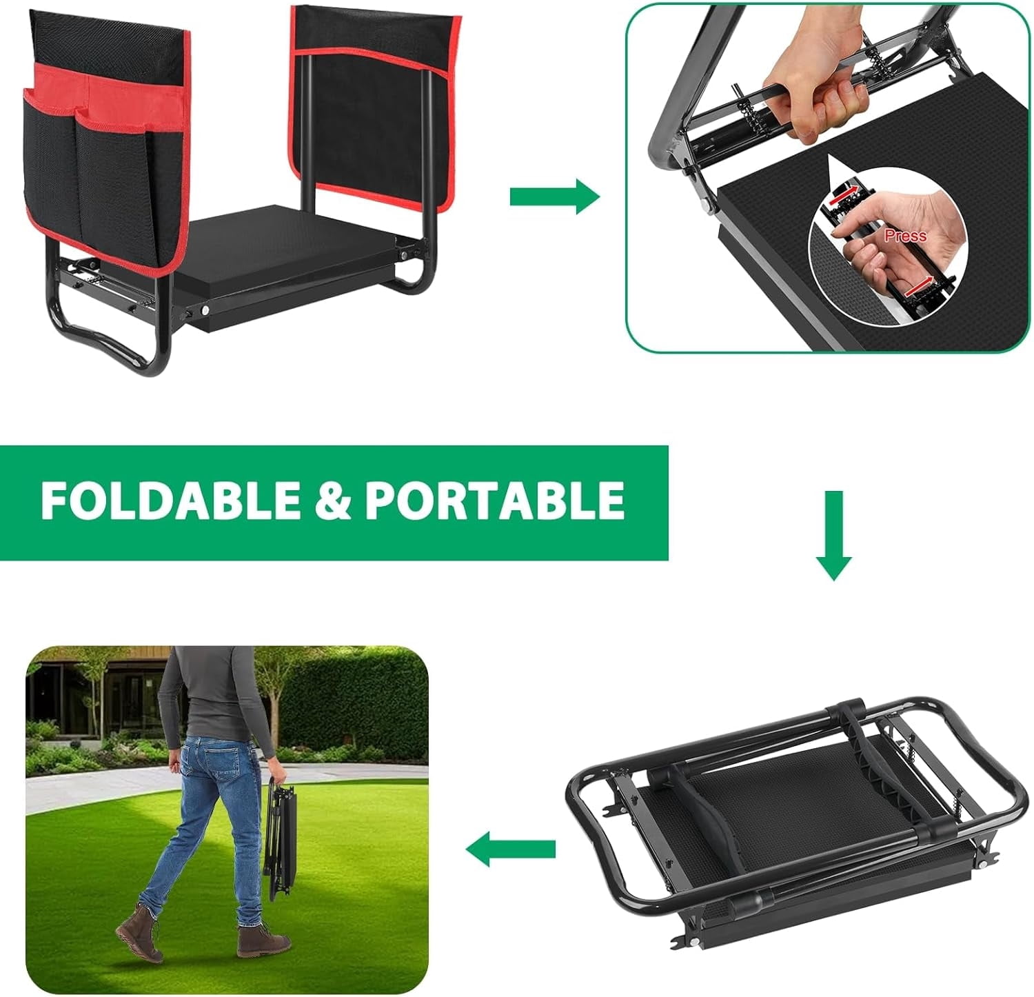 Garden Kneeler and Seat 10.64” Wider Larger Soft Kneeling Pad Garden Bench with 2 Large Tool Pouches Heavy Duty Garden Stool Foldable Tools Gardening Gifts for Women Men Gardeners