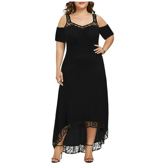 Womens Dresses Vacation, Summer Plus Size Maxi Dresses for Wedding Guest Women Sexy Lace Cold Shoulder Short Sleeve Crewneck Long Dress