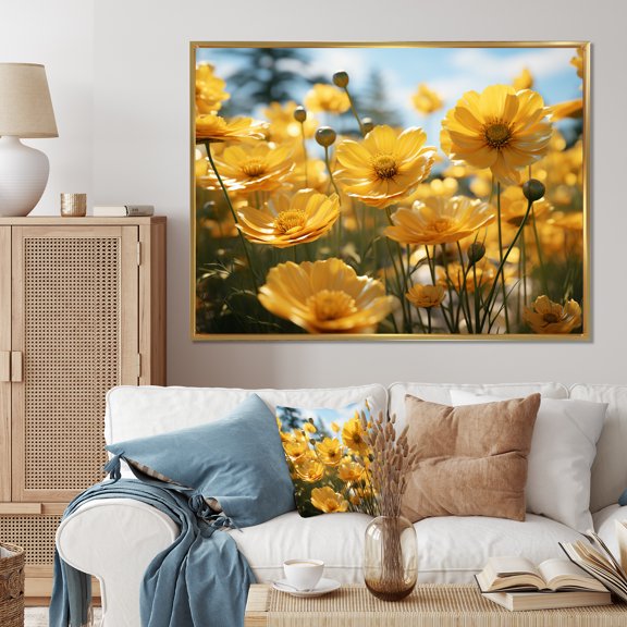 Designart "Yellow Buttercups landscape Vibrant I" Floral Floater Framed Wall Art Print