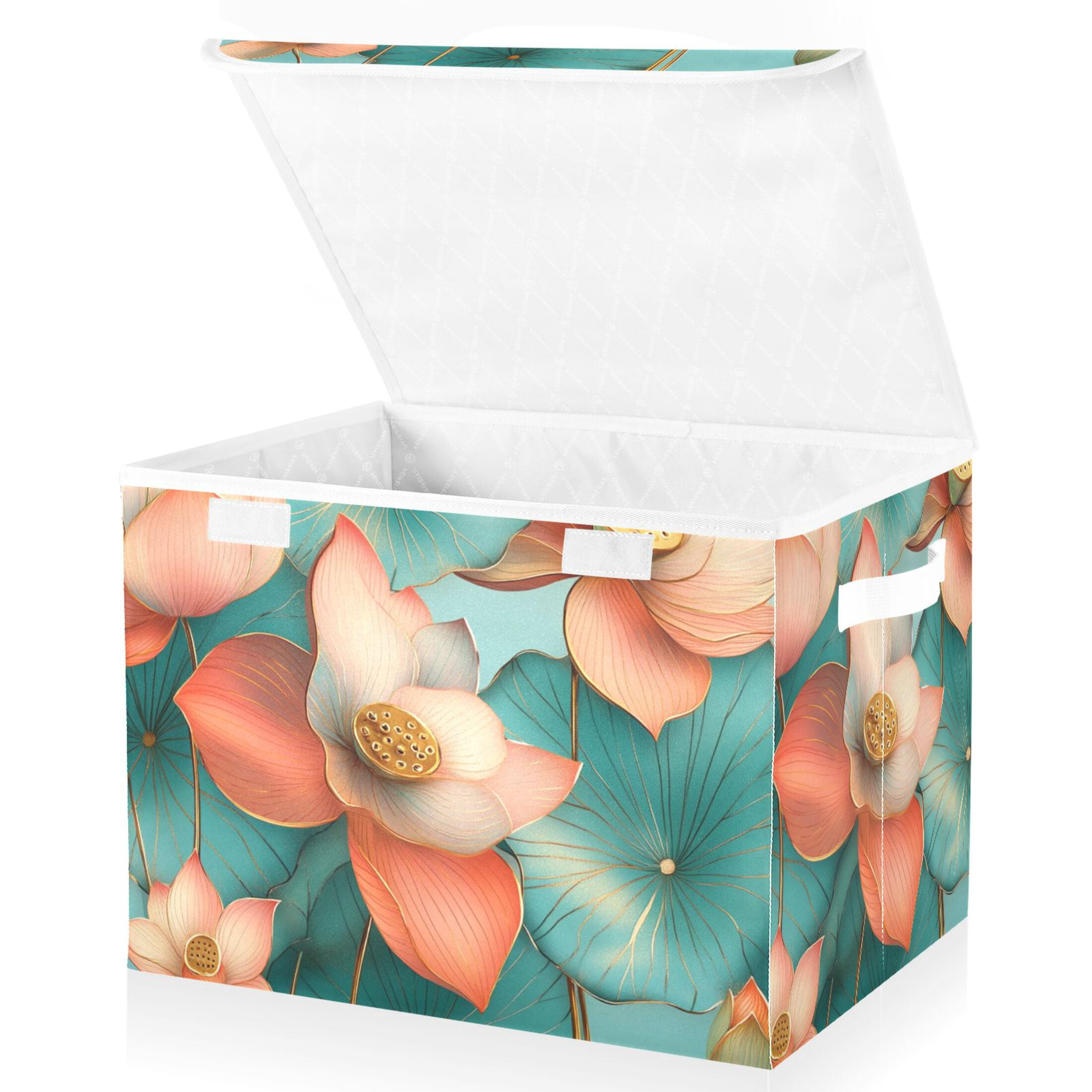 Pink Lotus Picture Large Storage Bins with Linen Collapsible Lid Storage Box 16.7 x 12.6 x 11.8in