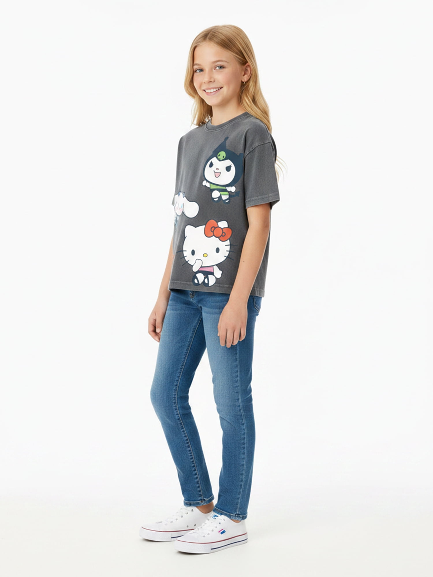 The Powerpuff Girls x Hello Kitty and Friends Girl’s Boxy Mineral Washed Graphic Crewneck Tee with Short Sleeves, Sizes 4-16