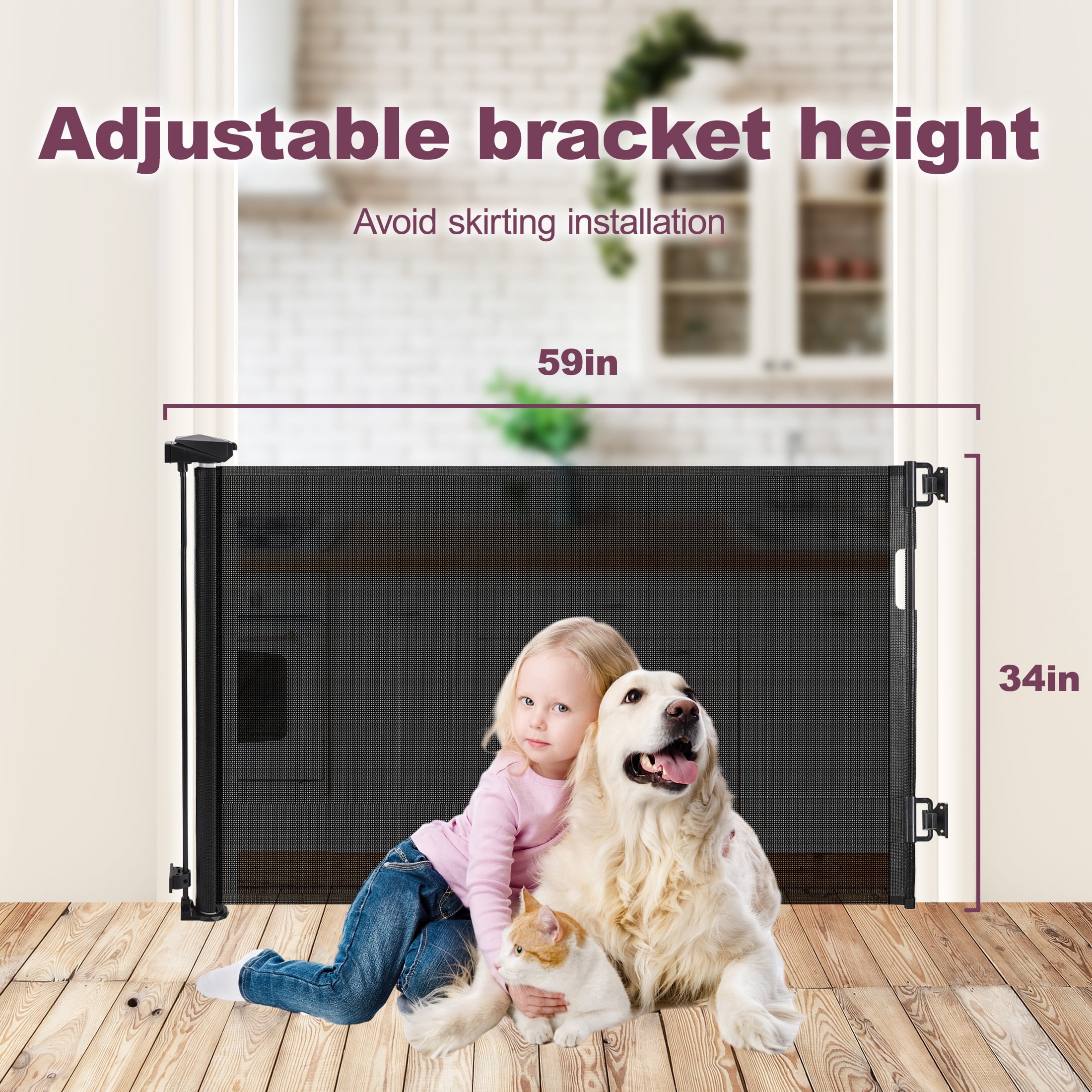 HioHa Hardware-Mounted Baby Gate, Retractable Safety Gate with Auto-Lock Mesh Barrier for Stairs & Doorways, Child Proof, Black