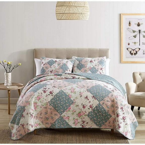 Chezmoi Collection Jolie 3-Piece Diamond Floral Patchwork 100% Vintage Washed Cotton Quilt Set, Queen