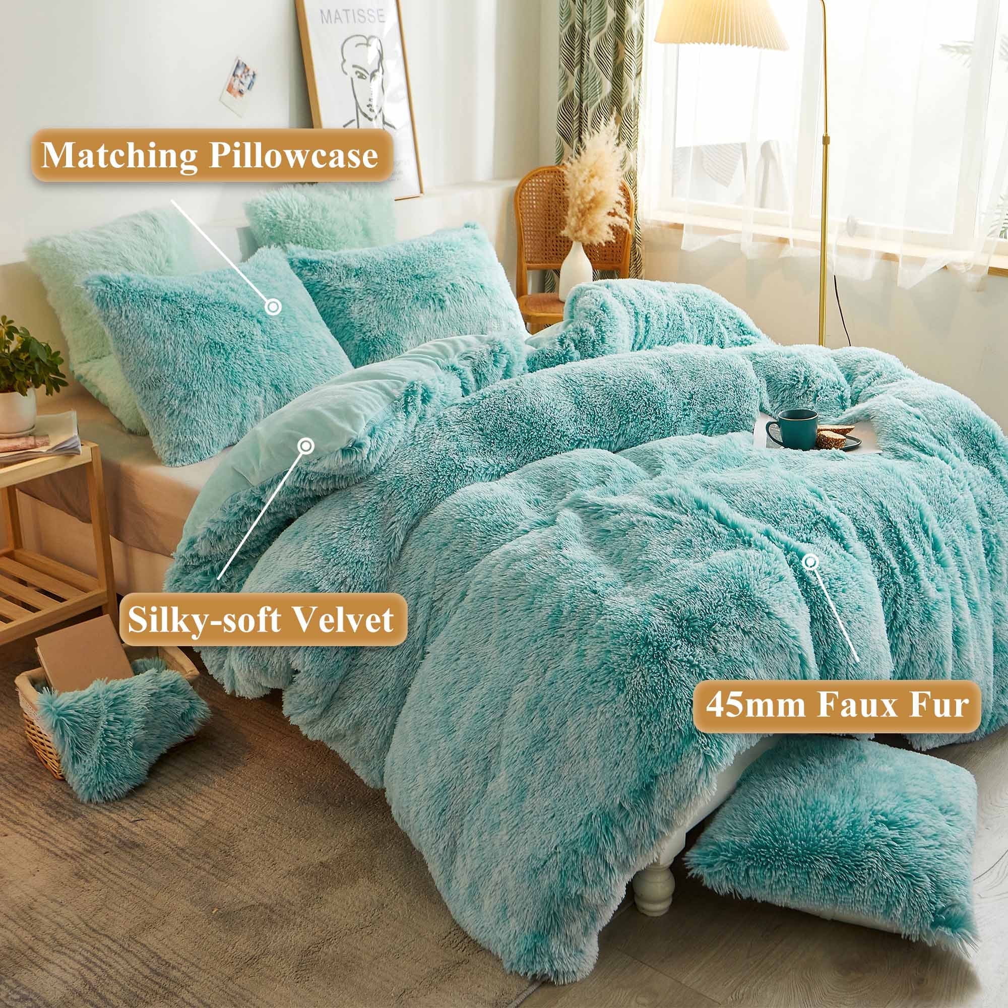 XeGe Luxury Plush Shaggy Duvet Cover Set, Soft Faux Fur Fuzzy Comforter Cover Set, 3 Pieces Fluffy Bedding Sets(1 Furry Duvet Cover + 2 Throw Pillow Shams), Zipper Closure, Queen Size, Aqua Ombre