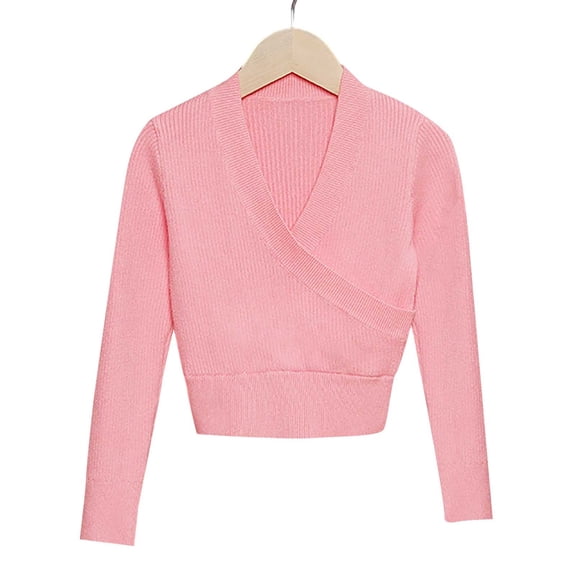 GiLiling Girls Knitted Deep V-Neck Cross Long Sleeve Ballet Wrap Front Loose Lightweight Sweater Dance Cardigan Pullover Tops Blouse (Pink, 13-14 Years)
