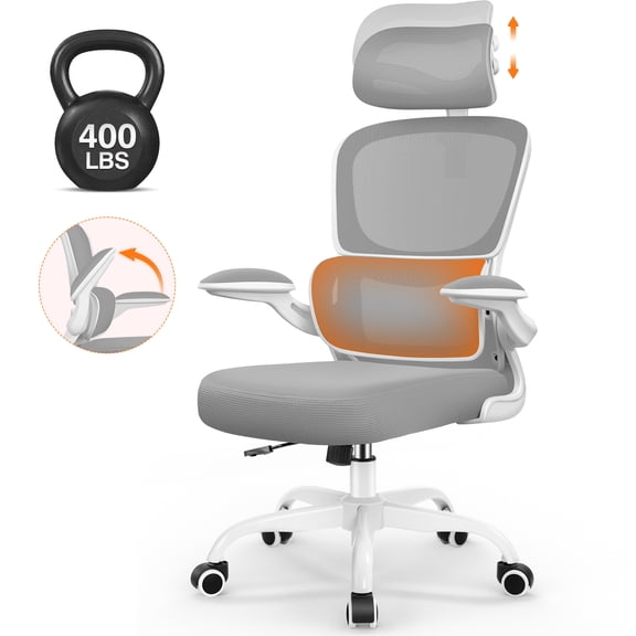 COOLHUT Ergonomic Office Chair, High Back Mesh Desk Chair with Lumbar Support and Adjustable Headrest, Home Office Chair, Computer Gaming Chair, 400lbs, Light Gray