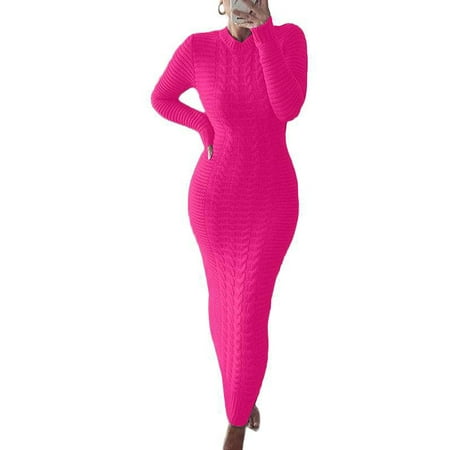 

Amuver Women Long Sleeve Knitted Dress Crochet Pattern Solid Color Ribbed Round Collar Casual Long Club Party One-Piece