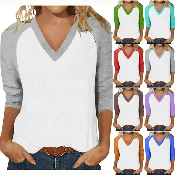 Fanxing 3/4 Length Sleeve Womens Tops Breathable Color Block V Neck T Shirts Fashion Raglan Sleeve Tshirts Blue,XL