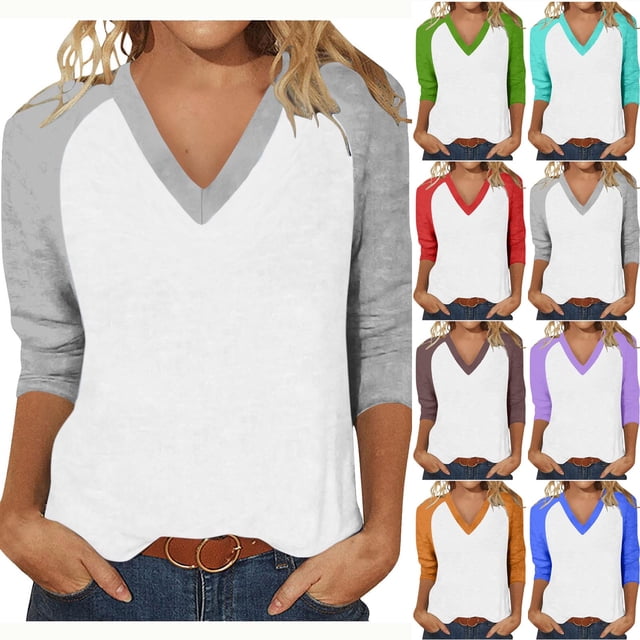 Fanxing 3/4 Length Sleeve Womens Tops Breathable Color Block V Neck T Shirts Fashion Raglan Sleeve Tshirts Blue,M