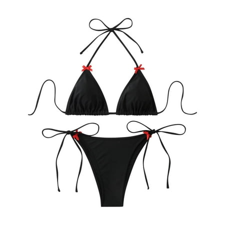 UTSJKR Women s Bathing Suits Halter Triangle Tie Side Bikini Sets Two Piece Swimsuit Strappy Triangle Top Thong Briefs Bikini Sets Black L