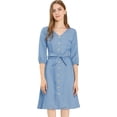 thumbnail image 1 of Vestido Camisero Con Cinturón Cuello Pico Botones Abajo Manga 3/4 Para Mujer Azul S, 1 of 7