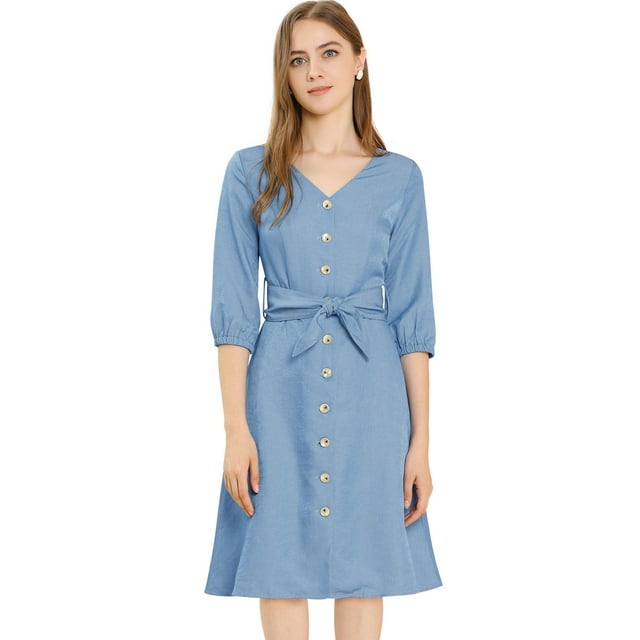 Vestido Camisero Con Cinturón Cuello Pico Botones Abajo Manga 3/4 Para Mujer Azul S