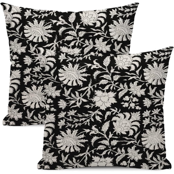 Black White Floral Pillow Covers 18x18 Inch 2 Pcs Spring Vintage Flower Decor Throw Pillows Boho Rustic Seasonal Outdoor Farmhouse Decoration Pillowcase Linen Cushion Cover for Couch Sofa Bed