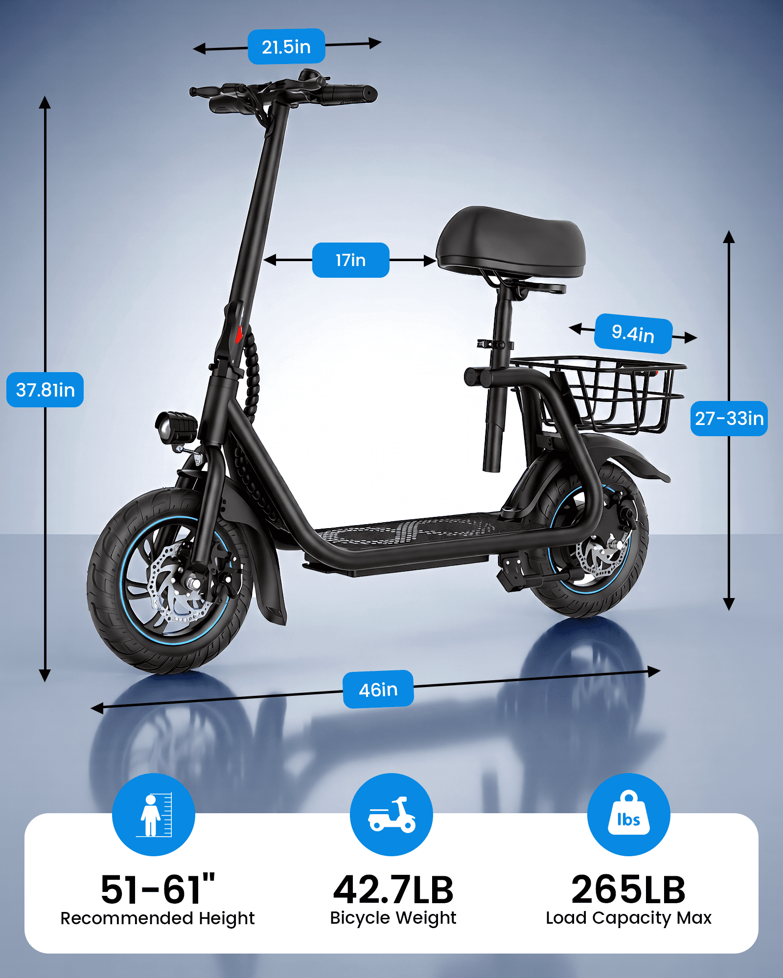 MIHOVER Electric Scooter with Seat for Adults & Seniors, 450W Comfortable Commuter Scooter with Basket, 12" Tires, 15 Mile Range, UL2272 Certified - Black