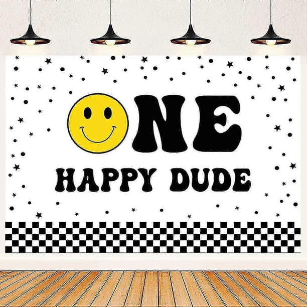 One Happy Dude Kids Birthday Backdrop for Smiley Face 1st Birthday Photography Background Decorations Kid First Birthday Party Cake Table Banner
