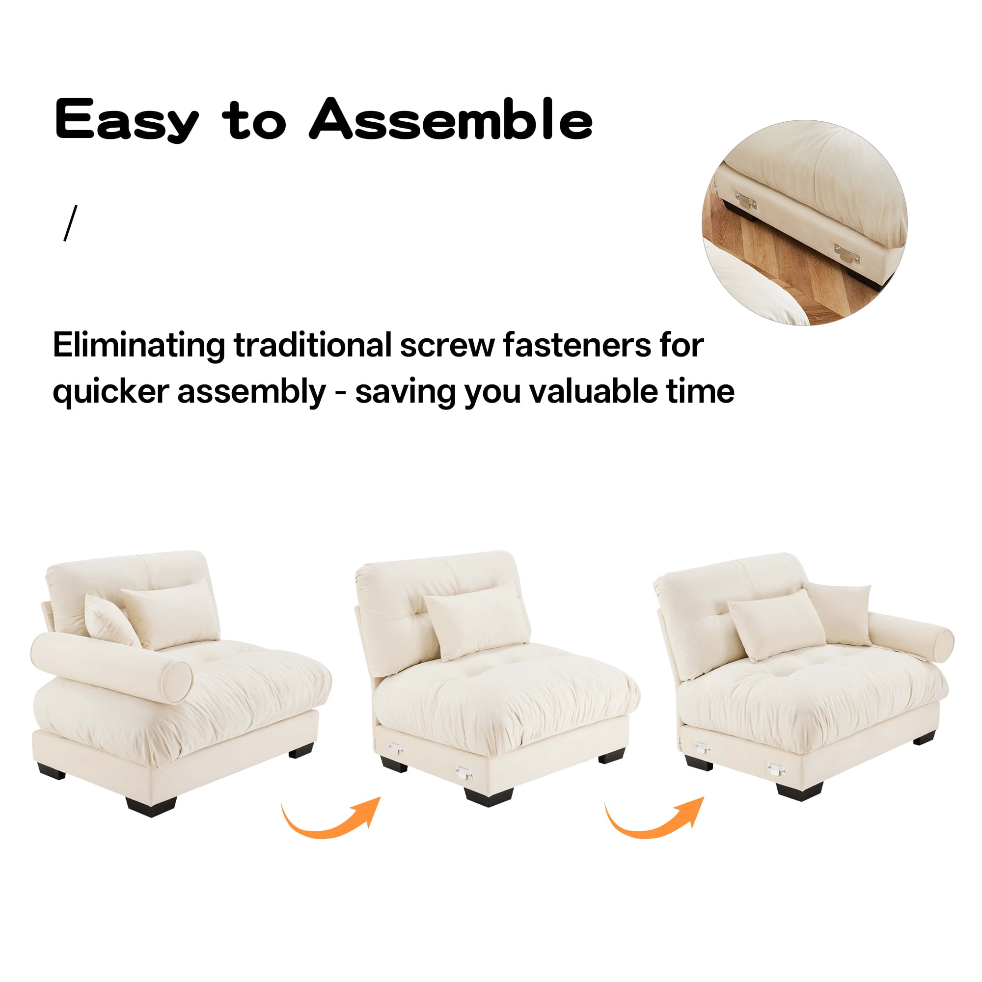 Alvantor L-Shaped Sectional Sofa 3-Seater Velvet Sofa Couch with Bolstered Armrests for Living Room, Easy Assembly Cream
