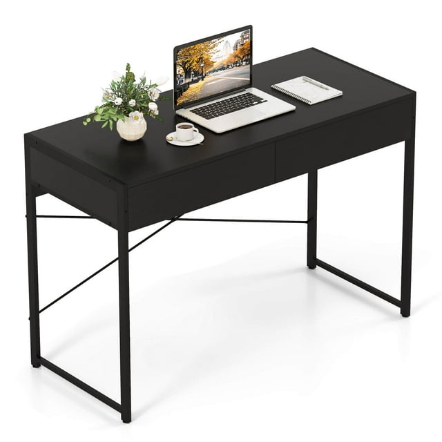 Costway Bureau d'Ordinateur Moderne à 2 Tiroirs avec Cadre Métallique Renforcé Robuste et Trousse Anti-Basculement