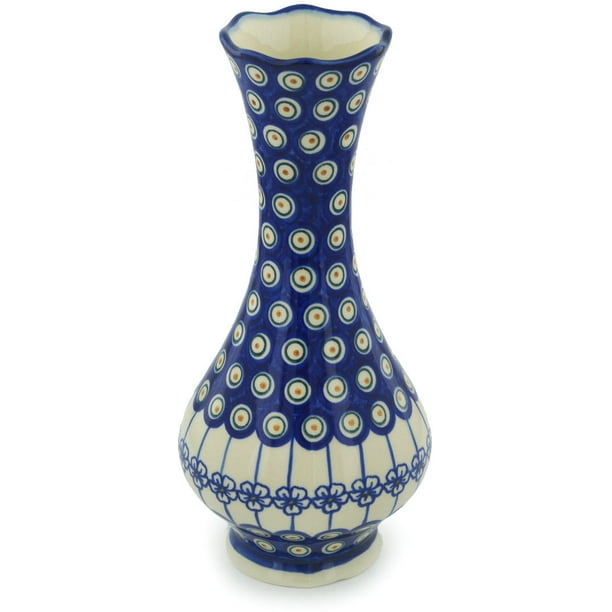 Polish Pottery 11¼-inch Vase (Flowering Peacock Theme) Hand Painted in