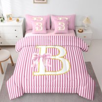 Homewish Cartoon Cute Monogrammed Bedding Comforter Set 7pcs, Pink Bow-tie Letter B Queen Bedding Sets, Teens Kids Girls Reversible Queen Sheet Sets, Breathable Home Decor