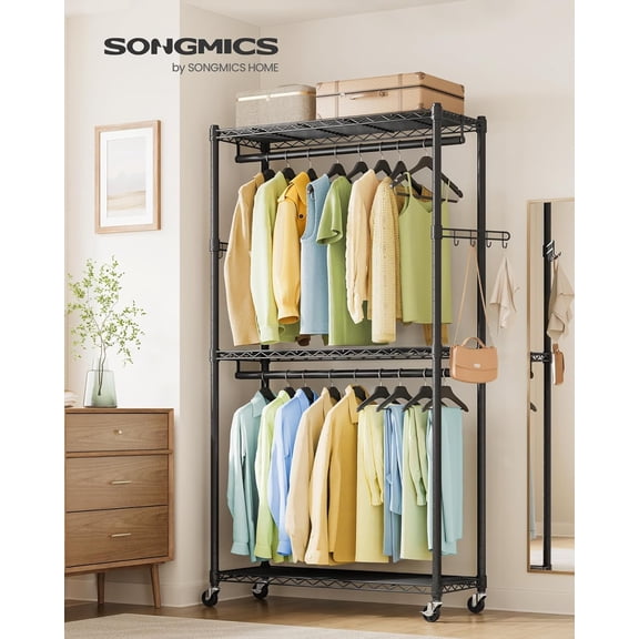 SONGMICS Heavy-Duty Rolling Clothes Rack, Garment Rack, Portable Closet, 35.4-Inch Wide Clothing Rack on Wheels, with Adjustable Mesh Shelves and Hanging Rails, Hooks, Ink Black