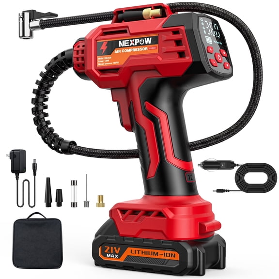 NEXPOW 160PSI Cordless Tire Inflator Portable Air Compressor, Air Pump for Car Tires with Removable 21V Battery, 12V DC Dual Power, Digital Gauge, Auto Shut-Off, LED Light for Bikes & Balls