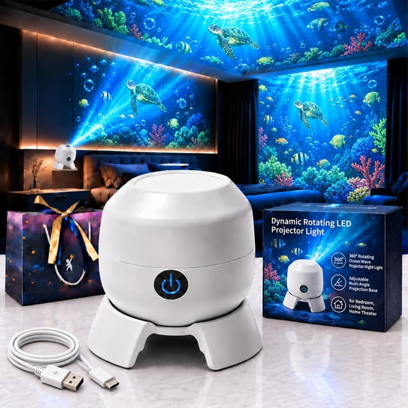 Dynamic Rotating LED Projector Light 3D Ocean,Hd Smart Dynamic Holographic Night Light Projector, 360° Rotating USB for Bedroom, Meditation, Home Theater