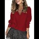 thumbnail image 1 of Suéteres de Otoño con Cuello en V y Encaje para Mujer, Suéteres Holgados de Punto de Larga y Ligeros A , Tops Tipo Jersey Vino Tinto XL, 1 of 5