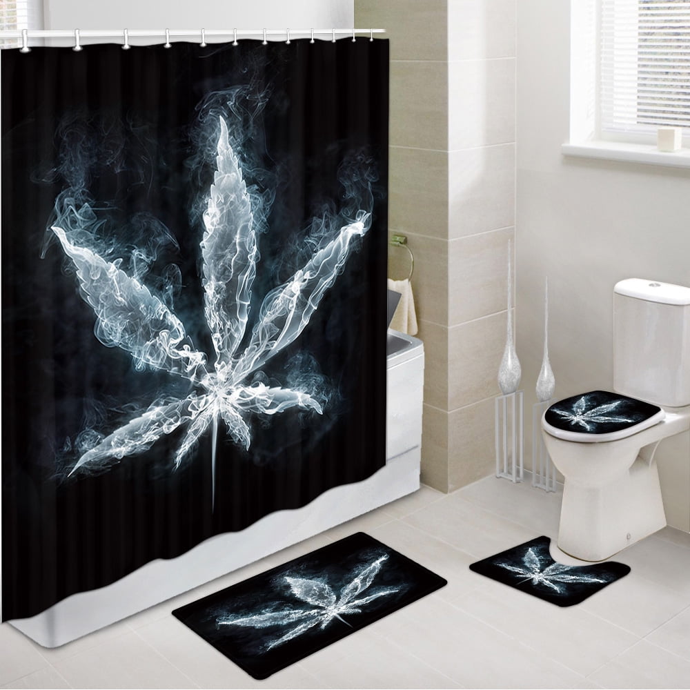 Weed Shower Curtain Set with Hooks, Bathroom Sets with Shower Curtain and Rugs, Toilet Lid Cover