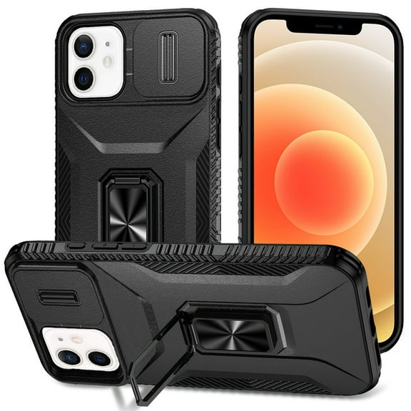 For Apple iPhone 12 / 12 Pro Camera Cover Phone Case with Magnetic Rotation Ring Stand [Military Grade] Hybrid Hard Shockproof Cover ,Xpm Phone Case [ Black ]
