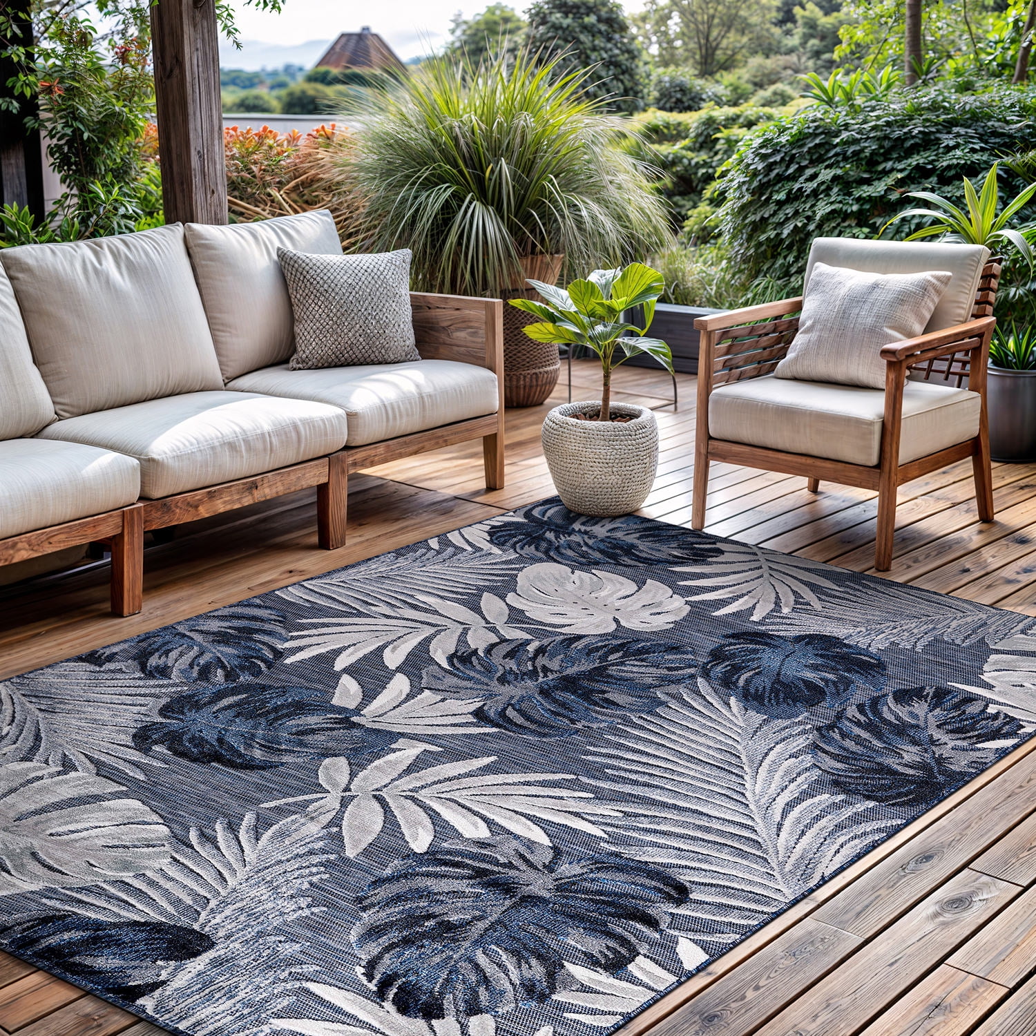 CAMILSON Spring Leaf Tropical Botanical Easy-Cleaning Non-Shedding Washable Outdoor Indoor Area Rug Navy Blue 6x9