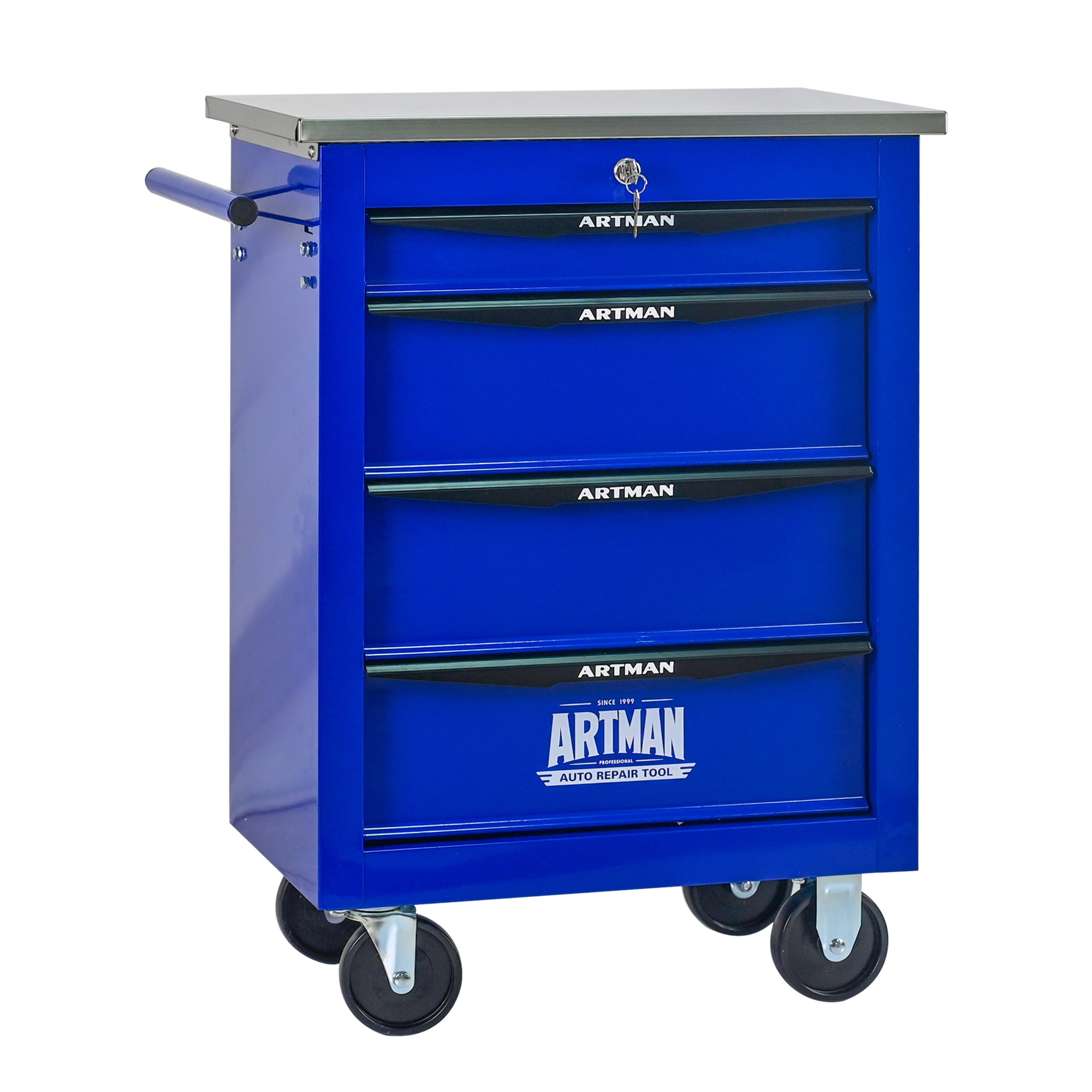 Noble House 4-Drawer Rolling Tool Organizer Cart, Steel Mobile Chest Storage with Worktop for Garage Workshop, Blue