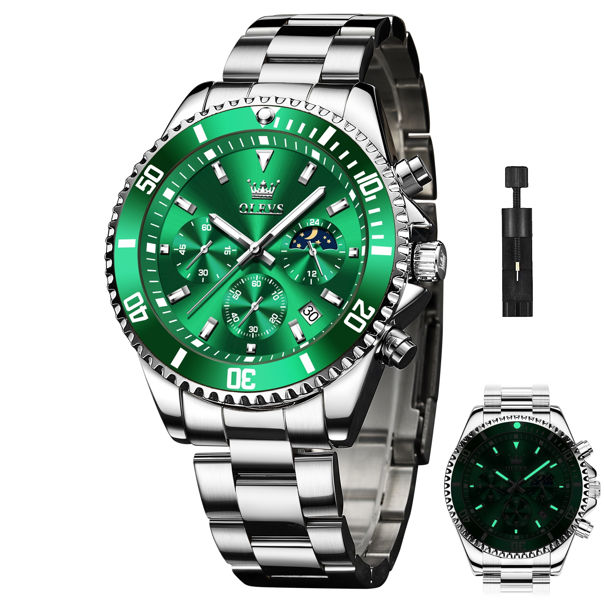 OLEVS Mens Chronograph Watch Green/Silver 42.5mm Outdoor Watch, Stainless Steel Strap 2870