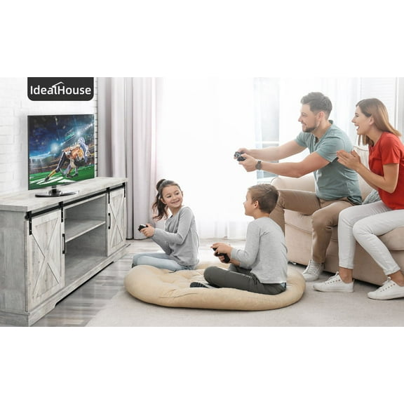 OUTOP TV Stand for 65" Television, Modern Farmhouse Sliding Barn Door TV Stand, 58" Entertainment Center TV Console, Home Living Room Storage Table with Movable Shelf