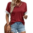 thumbnail image 3 of HUBERY Women Strappy V Neck Lace Patchwork Short Sleeve Solid Color Top, 3 of 5