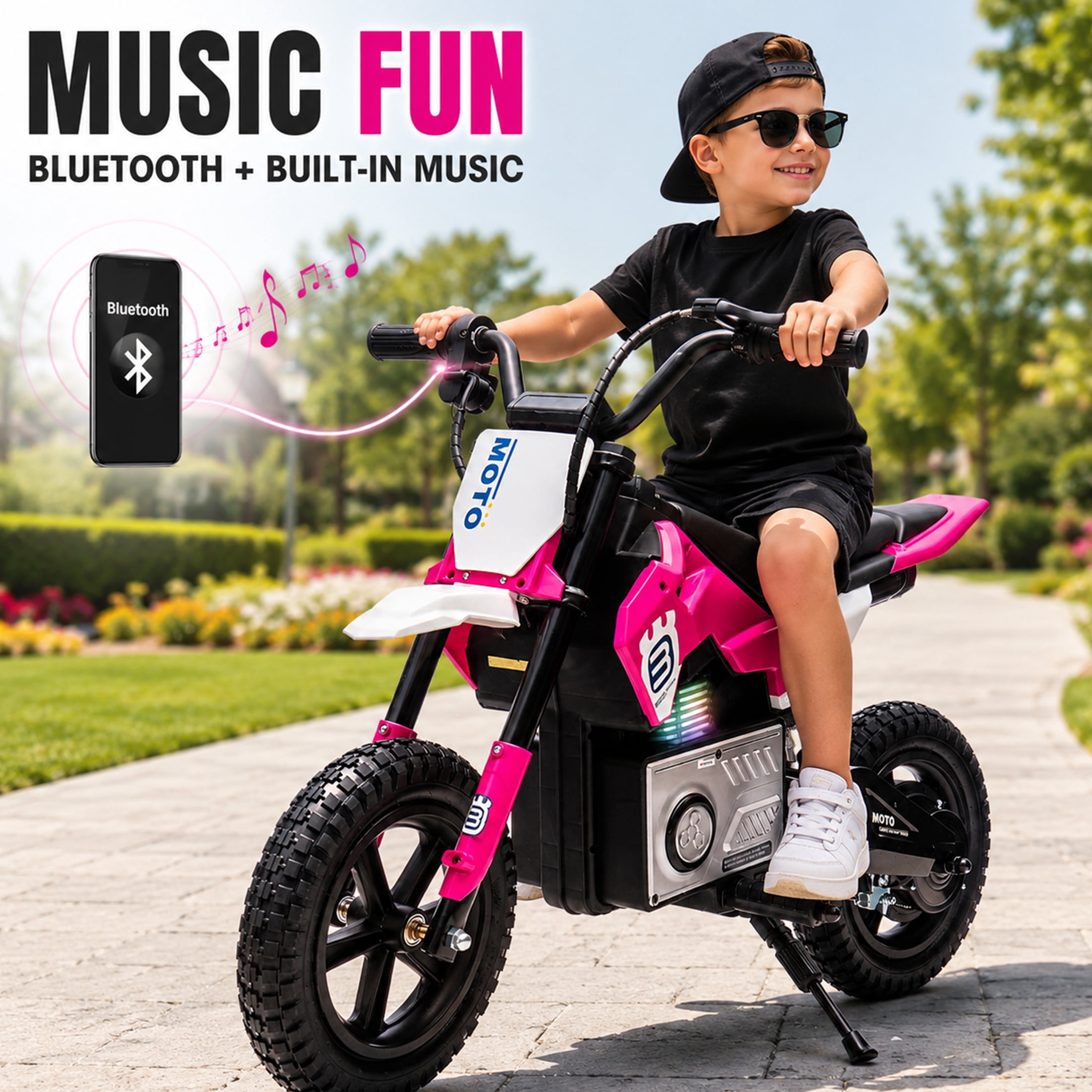 24V Kids Electric Motocross Motorcycle with Bluetooth Music - 200W Power, Rear Shock Absorber, LED Breathing Lights, Adjustable Speed up to 9.32 MPH - Powered Ride On Toy for Boys Girls Ages 5-15