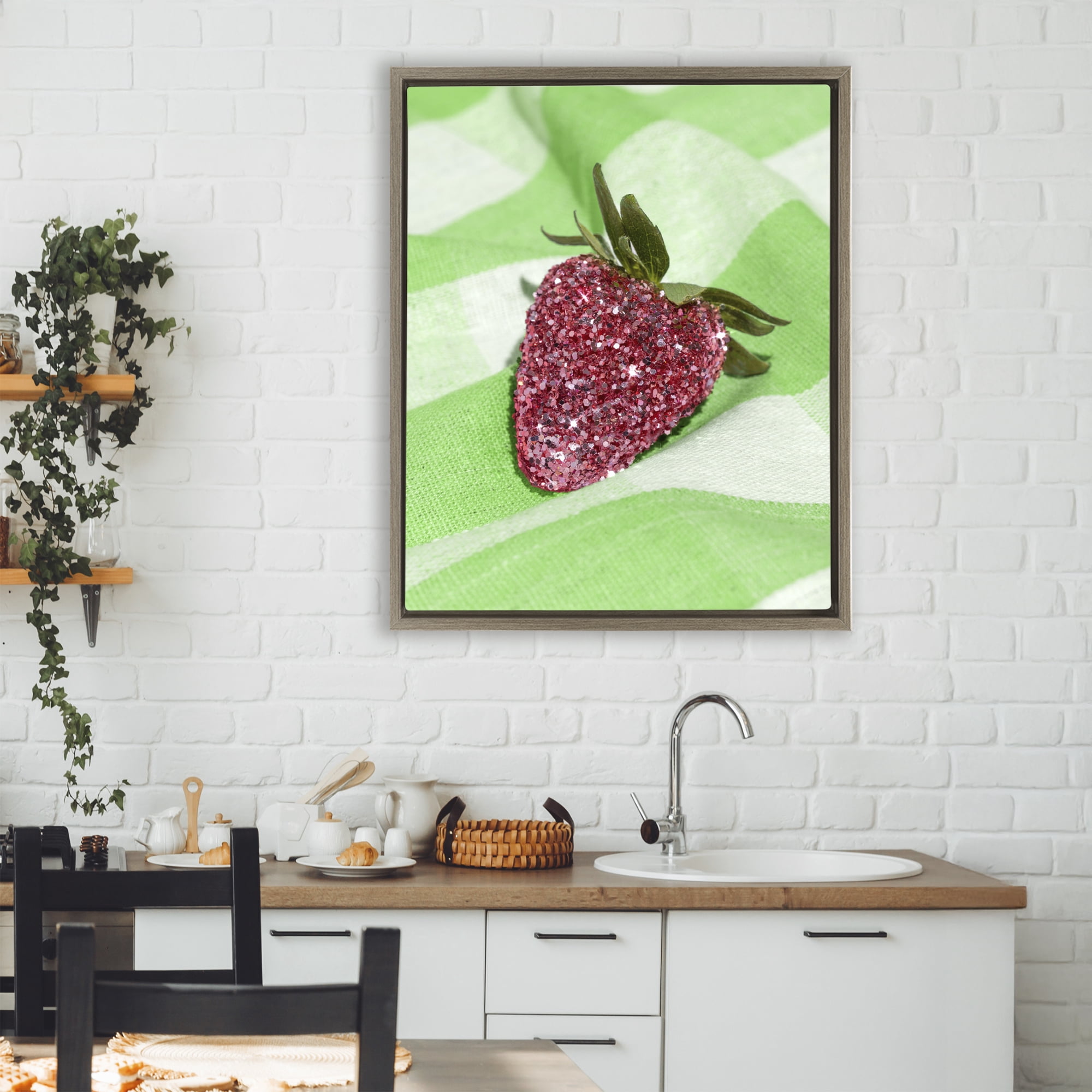 Stupell Industries Glimmer Strawberry on Green Brown Framed Floater Canvas Wall Art, design by LISH Creative