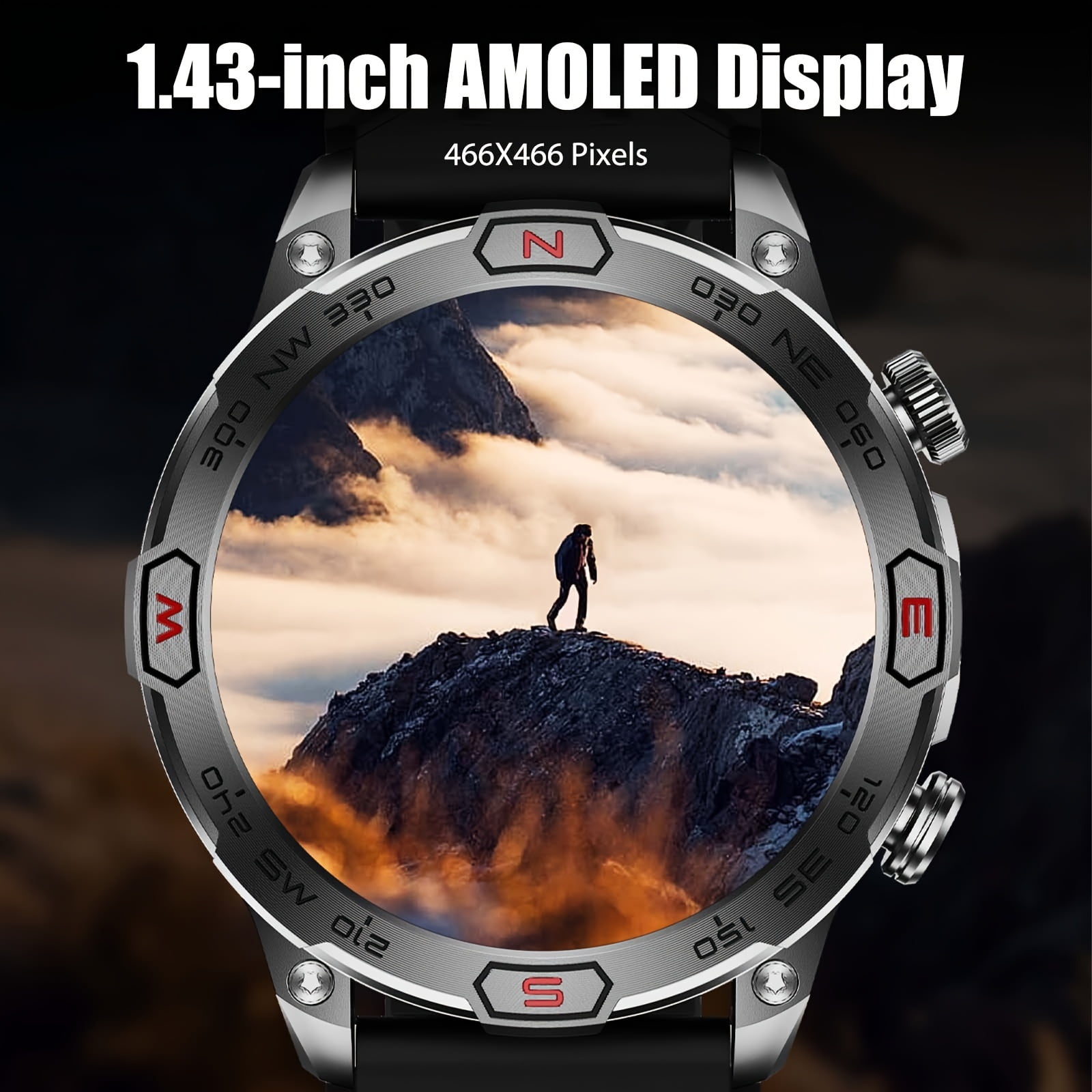 VOPOCO KC86 Smart Watches for Men, 1.43'' AMOLED Touch Screen Rugged Smartwatch with LED Flashlight Compass Altitude, 1ATM Waterproof Outdoor Sport Watch for Android iOS, 1pc, Orange