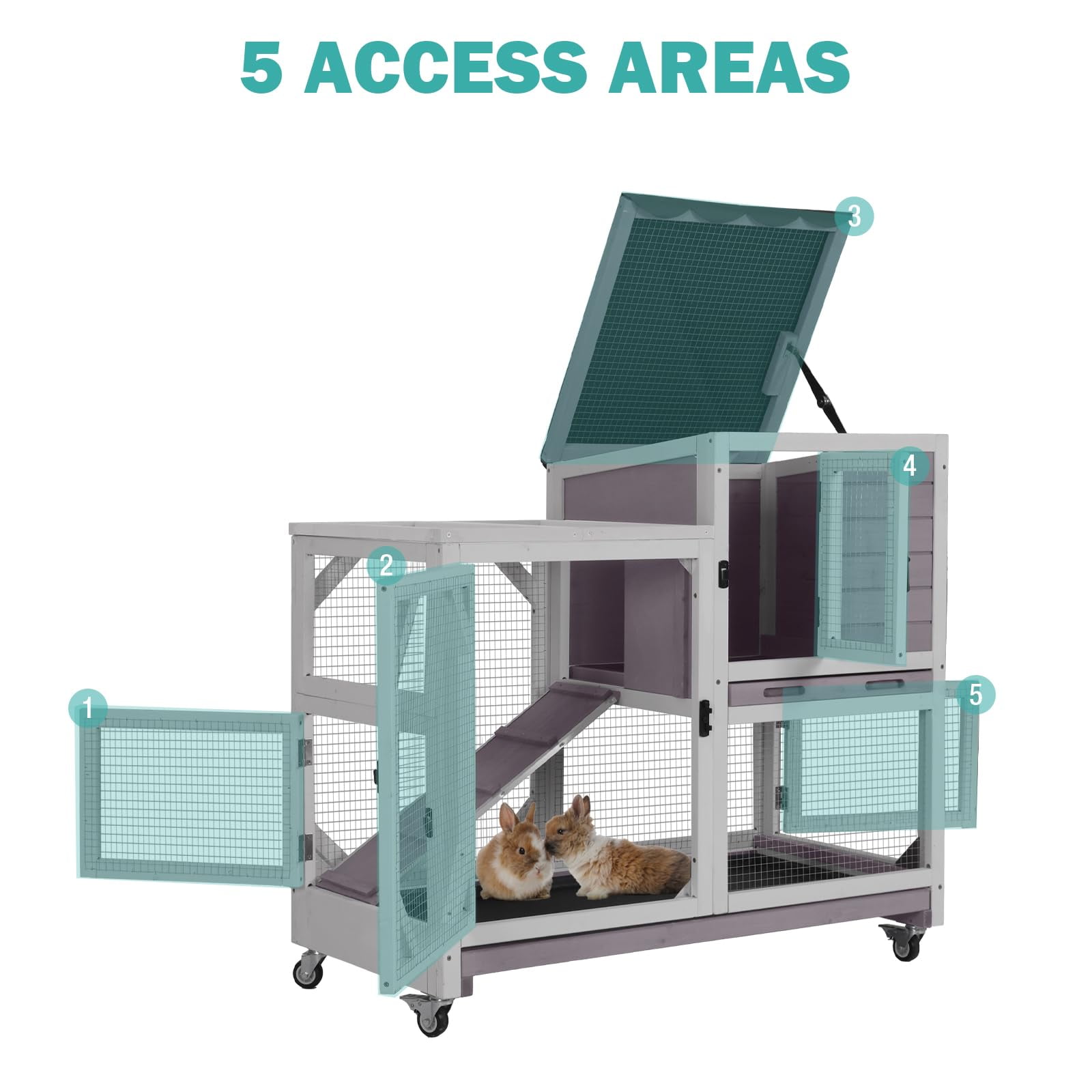 Aivituvin Wooden Rabbit Cage on Wheels Indoor Rabbit Hutch for 2-4 Rabbit Guinea Pig Bunny Small Animal Cage with Leakproof Tray Chewproof Ramp Gray