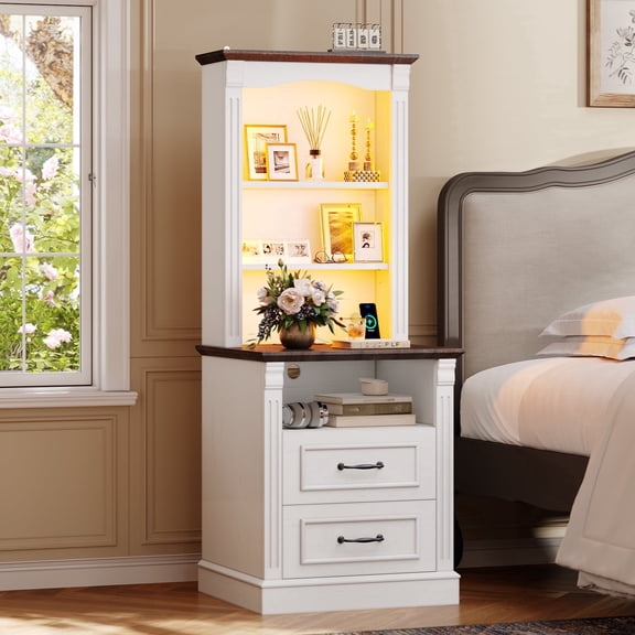Weiplehoom 52.7" Tall Nightstand, Farmhouse Bedside Stand with Charging Station & LED Lights, Storage End Table with 3-Tier Shelf, Drawers for Bedroom, Living Room (White Brown)