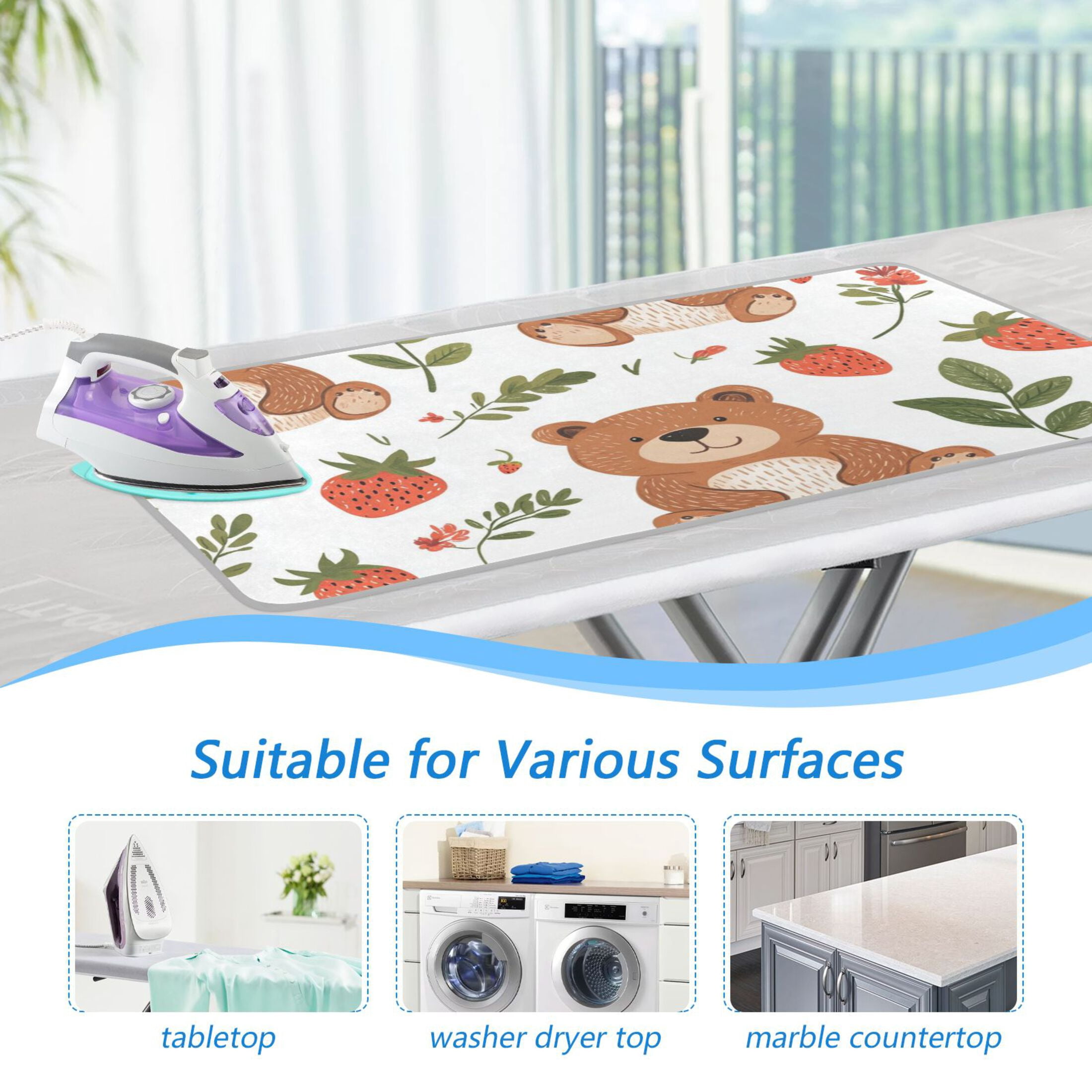 Cute Bears with Leaves Strawberries Ironing Mat Blanket Portable Travel Ironing Pad Heat Resistant Pad 47.2" x 27.6”