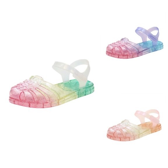 Krdevn Flat Heel Closed Round Toe Ankle Strap Glitter Detailed Jelly Casual Beach Sandals (Little Girls,Big Girls),7-8 Years