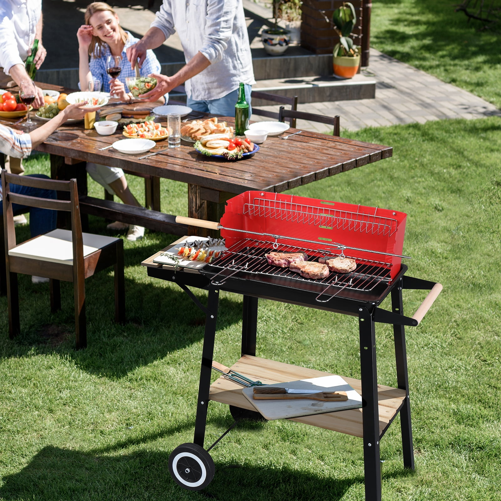 Oufan Four Legs With Wheels Square Enamel Charcoal Oven for Outdoor Kitchen & Backyard Barbecue, Black Red
