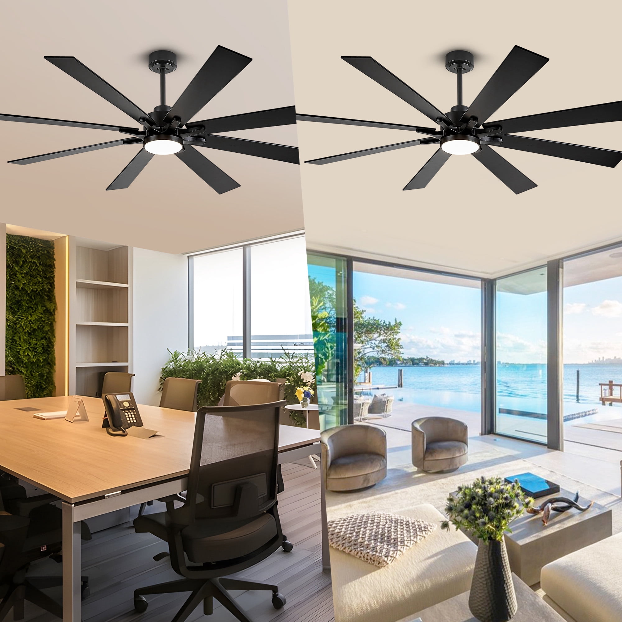 72 Inch Outdoor Ceiling Fans for Patios with Light, Modern Black Industrial Large Ceiling Fan, 8 Reversible Blades, Dimmable 5CCT, Noiseless DC Motor