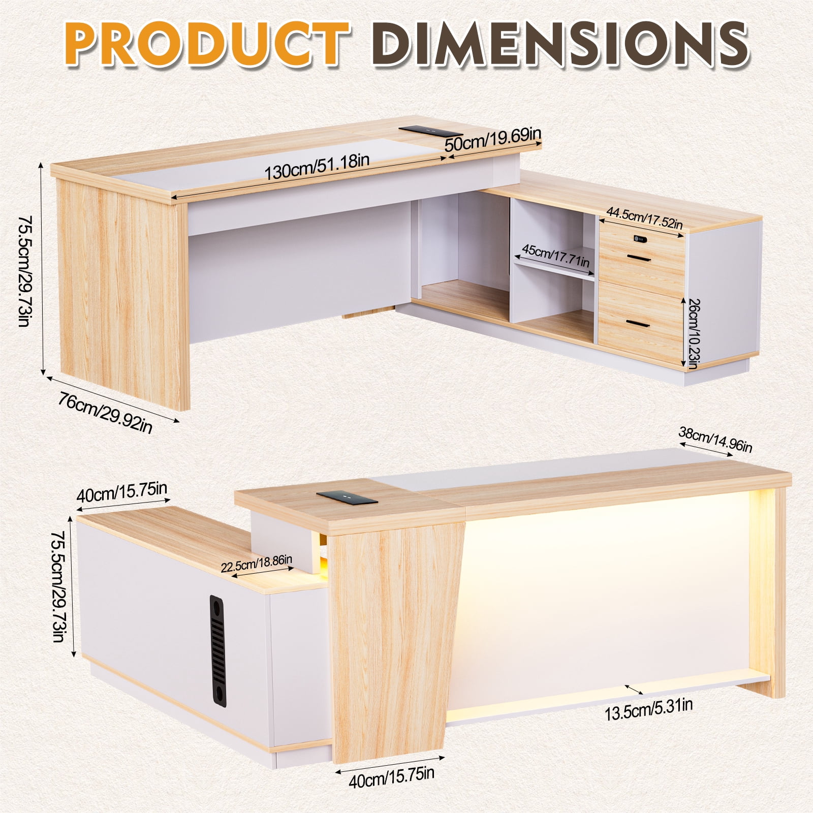 Vakiorn L Shaped Reception Desk with LED Lights Hidden Power Outlet Modern Front Desk Combination Lock Cabinet for Lobby Beauty Salon Spa Office