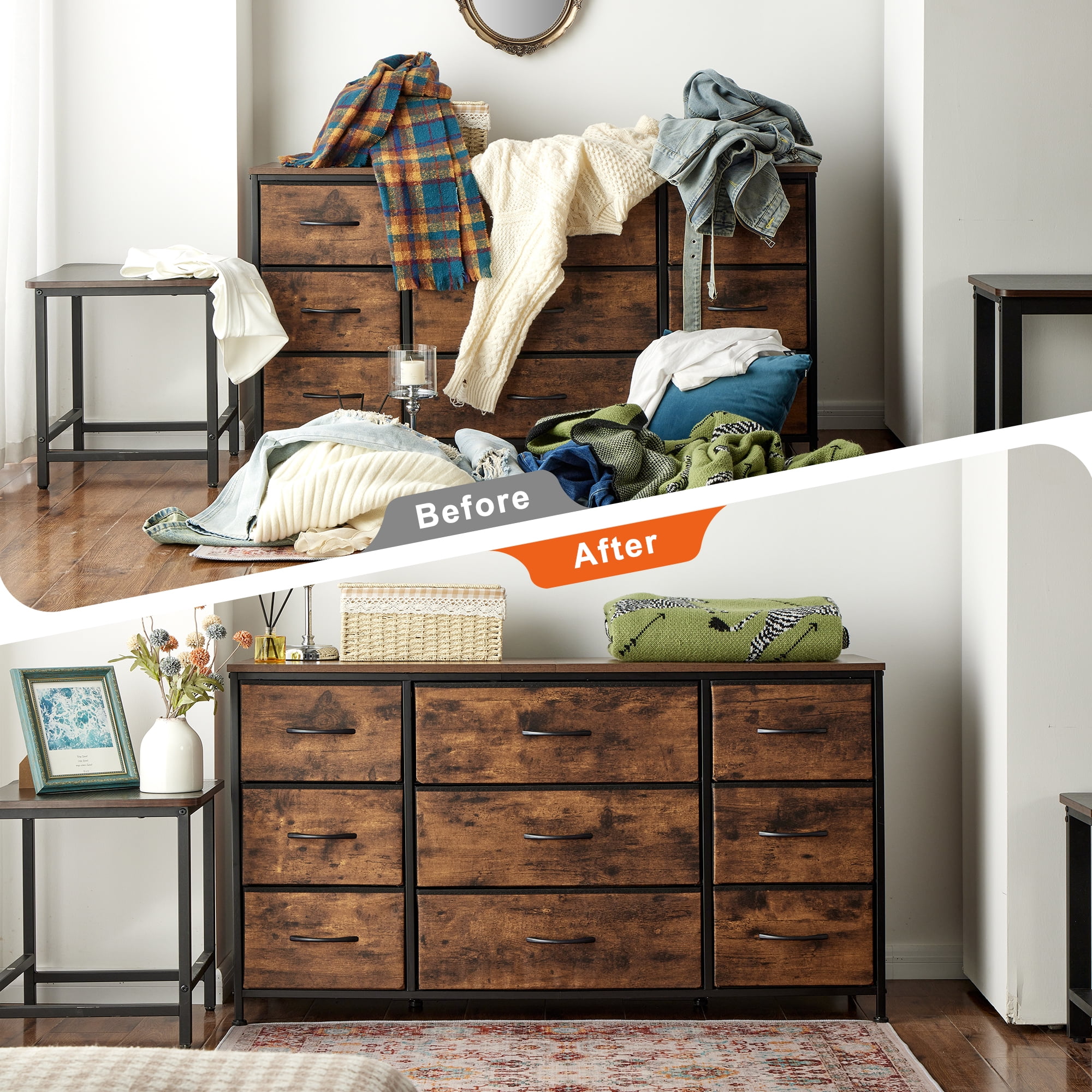 EnHomee Rustic Dresser TV Stand, 9 Drawer Storage Entertainment Center, Kids Room Bedroom Furniture  (图2)