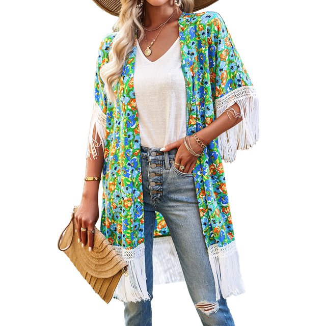 Camisa holgada de verano con empalme de borlas y cintura con estampado de manga corta para mujer