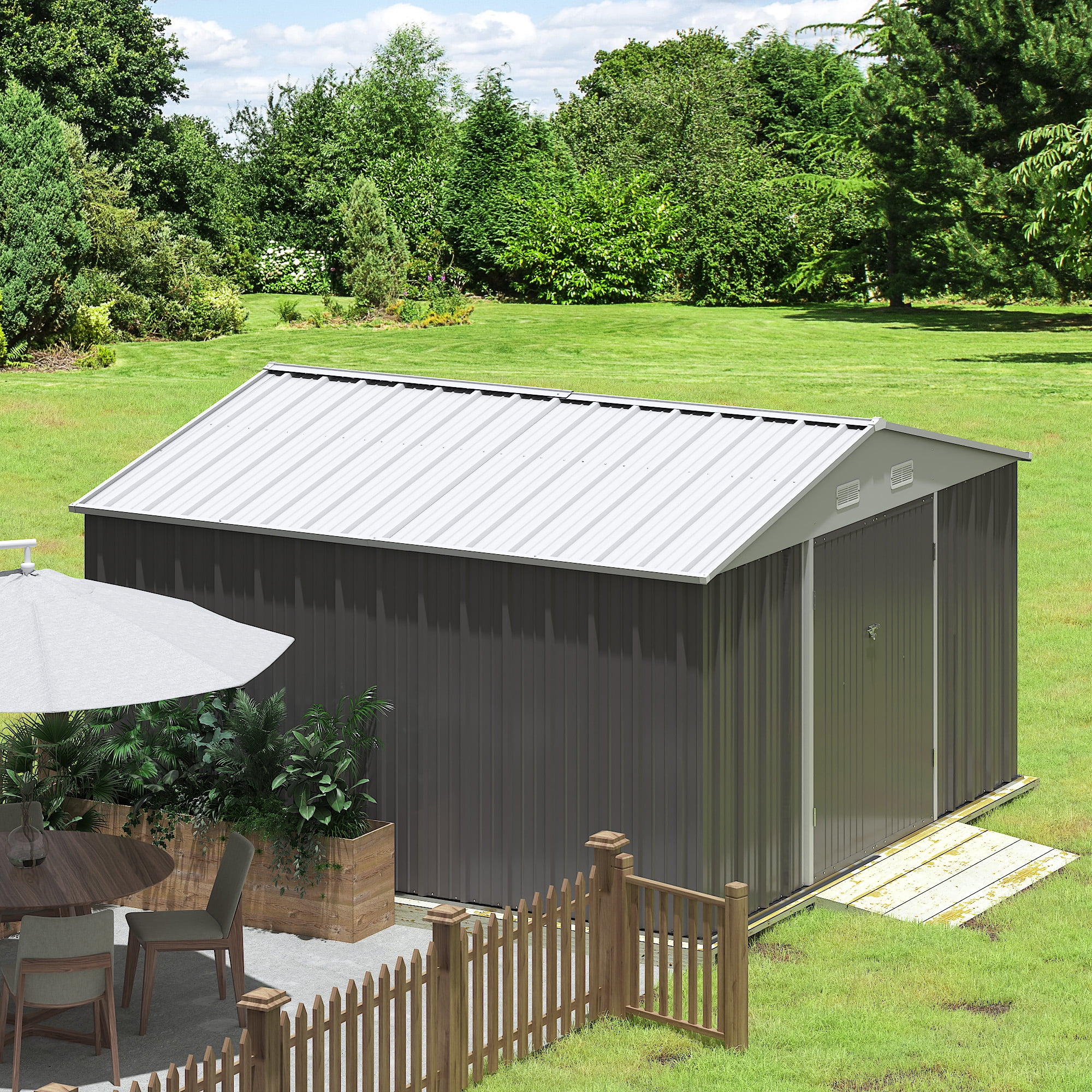 Devoko 10x10ft Metal Storage Shed, Large Outdoor Garden Shed with Lockable Door, Durable Steel Utility Shed for Backyard, Gray