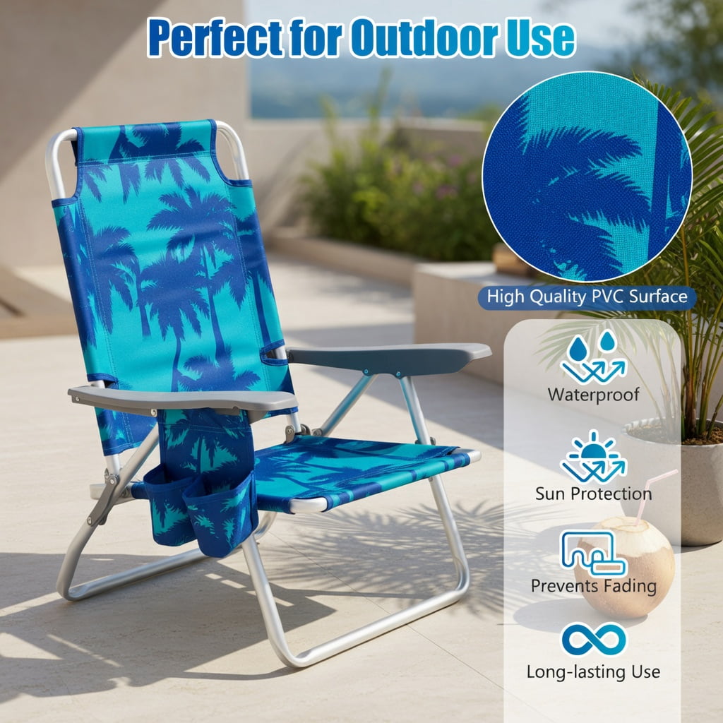 Hommoo 2-Pack Foldable Beach Chairs with Head Pillow, Adjustable Aluminum Frame, Waterproof PVC Seat, Peacock Blue