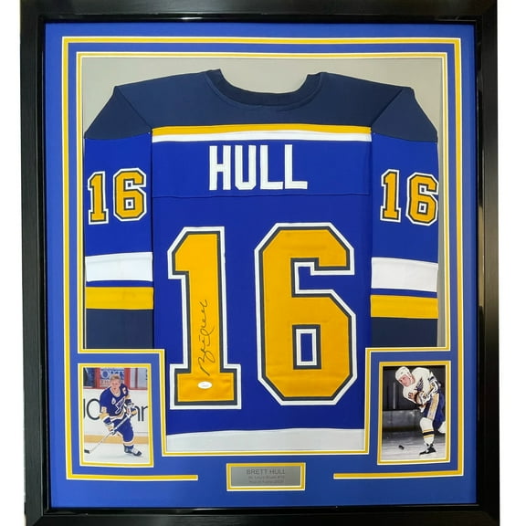 Framed Autographed/Signed Brett Hull 35x39 St. Louis Blue Yellow Numbers Hockey Jersey JSA COA